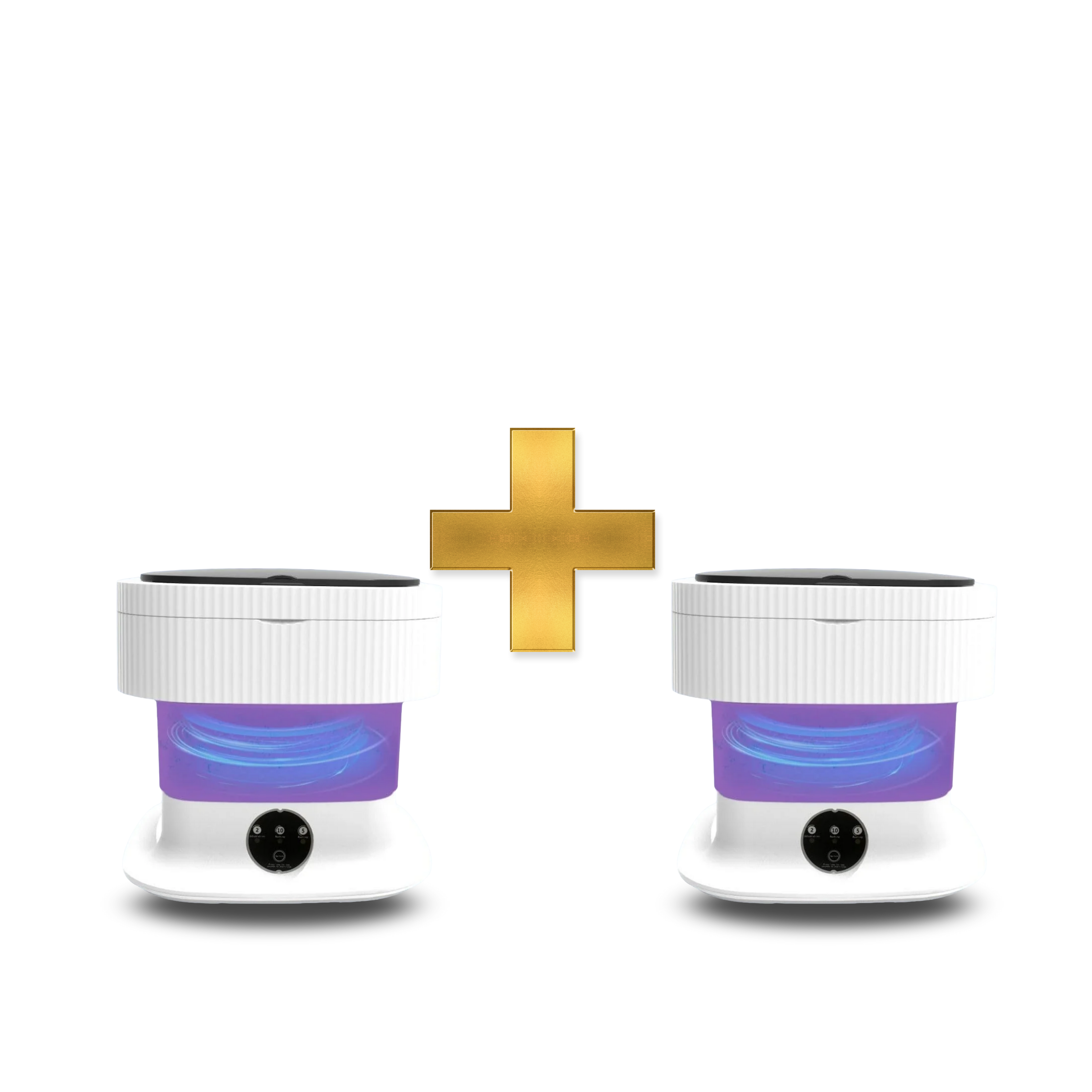 Two white cylindrical devices with purple lights and a gold plus sign on a white background